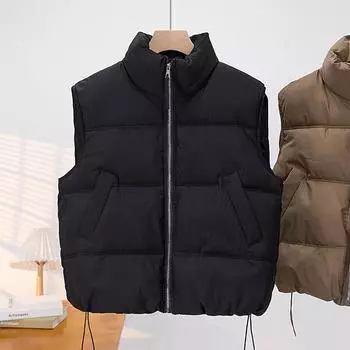 МОДА хлопковая женская куртка из хлопка 2024 года, осень, новый маленький ароматный стиль, воротник-стойка, короткая безрукавка, хлопковая верхняя куртка Одежда M темно-коричневого