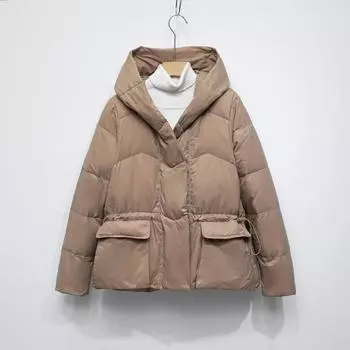 МОДА Холодная зима Женская однотонная куртка с капюшоном Женская утепленная короткая с большим карманом Одежда для хлеба Одежда M бежевый