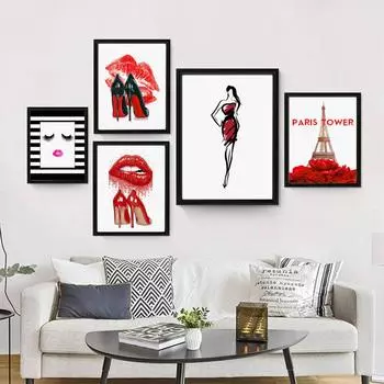 Мода Холст Wall Art Красные Губы Картина Парижская Башня Принты и Плакаты для Спальни Девушка Украшения Дома Без Рамки 21*30cm No Frame