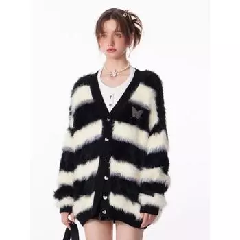 МОДА имитация норки осенне-зимний дизайн чувство черно-белые полоски мягкий восковой толстый ленивый вязаный кардиган шерстяной свитер женская Одежда one size fits all чёрный