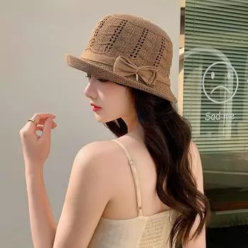 Мода, иностранный стиль, красивая маленькая подарочная шляпа-тазик, летние путешествия, бант с загнутыми краями, солнцезащитный козырек, солнцезащитный крем, шляпа от солнца для рыбаков 2024 One Size
