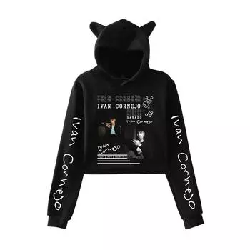 Мода Иван Корнехо Печатный Kawaii Crop Top Hoodie Смешной кошачьи ушки укороченный короткий свитшот с капюшоном пуловер женские топы уличная одежда XS белый