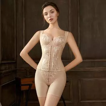 мода из двух частей, один комплект, корректирующее белье, женский утягивающий костюм, вышитое корректирующее белье с высокой талией, утягивающие брюки, бюстгальтер с эффектом пуш-ап M бежевый