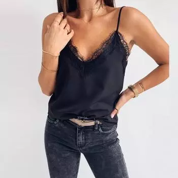 МОДА Jay-Women Майки с V-образным вырезом Кружевные бретельки Повседневные рубашки без рукавов Блузка M чёрный