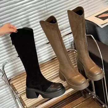мода Эластичные женские сапоги до колена Модные длинные сапоги с застежкой-молнией сзади Осенне-зимняя обувь на квадратном каблуке Женская обувь 35 коричневый