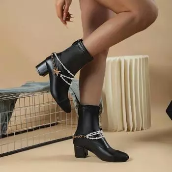 мода Элегантные женские ботильоны на высоком каблуке с бусинами, массивные туфли для вечеринок, 2025, трендовые зимние короткие плюшевые зимние туфли Botas Mujer Dress Pumps 35 чёрный