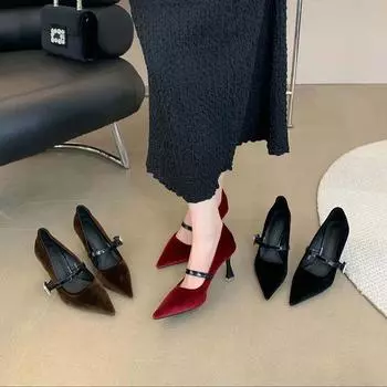 мода Элегантные женские туфли-лодочки из атласа, осень-весна, офисные туфли с пряжкой на ремне, со стразами, на шпильках, тонкие, высокие каблуки, черные, красные, коричневые, без застежек 39 5.5 чёрный
