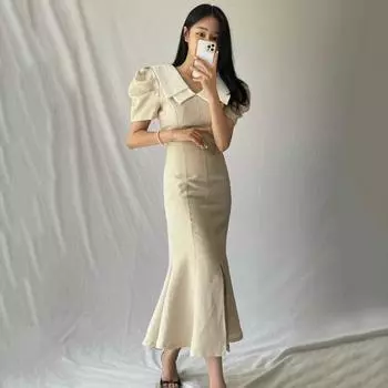 МОДА Элегантный темперамент Контрастные двухслойные лацканы с талией и тонким разрезом Платье-рыбий хвост Длинное платье для женщин One Size бежевый