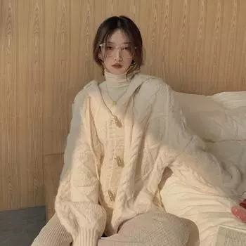 МОДА Кардиган с угловой пряжкой, внешний, женский, вязаный, свободный, универсальный, с капюшоном, свитер, модный, уменьшающий возраст, одежда one size fits all абрикосовый