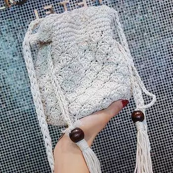 Мода Кисточка Ручная работа Хлопок Ведро Лен Солома Винтаж Леди Мессенджер Сумка Пляжная сумка Плетение Сумочки