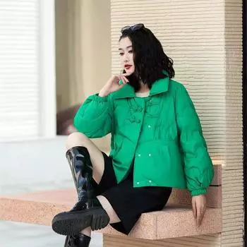 МОДА Китайский литературный и ретро стиль короткий пуховик женский 2024 зима новый маленький модный свободный утолщенный пальто Одежда M красный