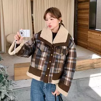 МОДА Клетчатая белая утиная пуховая куртка из овечьего пуха женская короткая свободная утолщенная термокуртка модная трендовая одежда S