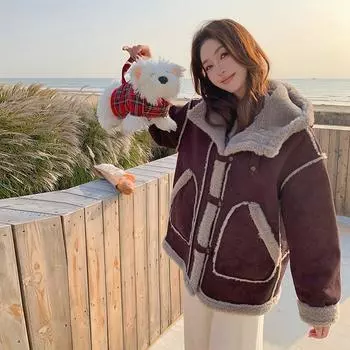 МОДА кофейного цвета мех интегрированный женский зимний бархат утолщенный 2024 высокого класса чувство супер красивый короткий хлопковый подклад Одежда S темно-коричневого