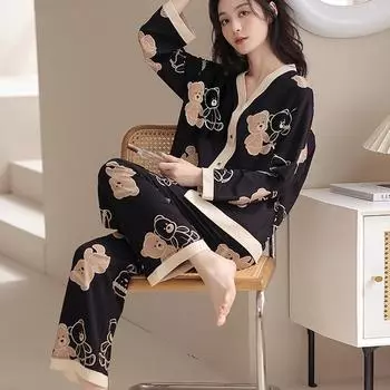 мода комплекты из двух предметов женская одежда для сна осень зима длинные рукава брюки мультфильм кардиган пижама комплект Pattern Printed Домашняя одежда комплект одежды для сна M