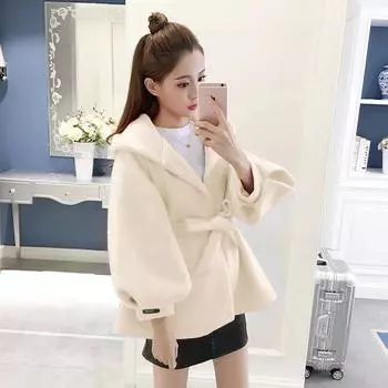 МОДА корейская версия плащ красное шерстяное пальто маленькая женская с капюшоном ремень мода фонари рукава короткие шерстяные трендовые Одежда S красный