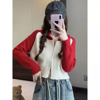 МОДА Корейский контрастный свитер кардиган женский осень и зима 2024 новый маленький дизайн короткий вязаный топ модная одежда one size fits all серый