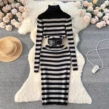 МОДА Корейское полосатое платье с высоким воротом и поясом, трикотажное платье с длинными рукавами 2024 года, весеннее эластичное повседневное облегающее платье-свитер для женщин One Size чёрный
