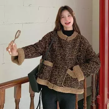 МОДА Короткое пальто из искусственной овечьей шерсти с леопардовым принтом, женское, зимнее, новое, спереди и сзади, теплая куртка с меховой вставкой, модная одежда S