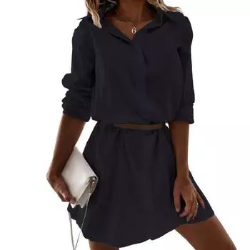 МОДА Короткое платье с отложным воротником Легкое мягкое красивое простое однотонное короткое платье-рубашка Женская одежда M чёрный