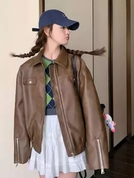 МОДА Кожаная куртка Maillard женская ранняя осень в студенческом стиле коричневая кожаная куртка американская красивая кожаная куртка 2024 новая одежда премиум-класса S коричневый