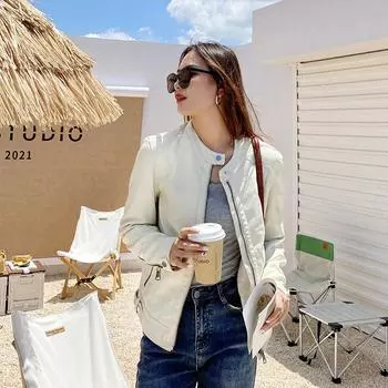 МОДА Кожаная женская весна-осень 2024 Новая повседневная мода с круглым вырезом из искусственной кожи Трендовая одежда из локомотива из кожи Одежда S розовый