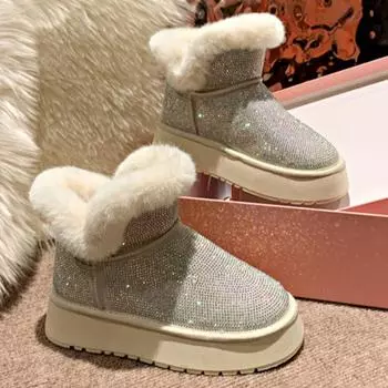 мода Кристалл меховая платформа ботильоны женские зимние сапоги роскошные балетки плюшевые хлопковые туфли дизайнерский зимний тренд уютные теплые нескользящие ботинки женские 35 бежевый