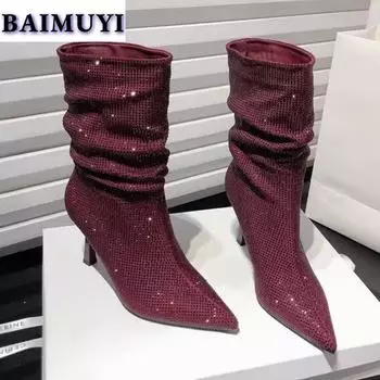 мода Кристалл острый носок высокие каблуки женские ботильоны сексуальная обувь 2025 тренд роскошные модные зимние ботинки челси новые туфли-лодочки Mujer Botas 35 чёрный