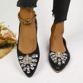 Мода Кристалл Острый носок Женские туфли на плоской подошве Лоферы Туфли 2025 Тенденция Сексуальные Новые Роскошные Неглубокие кожаные Туфли Элегантный Дизайнер Mujer Zapatos 35 чёрный