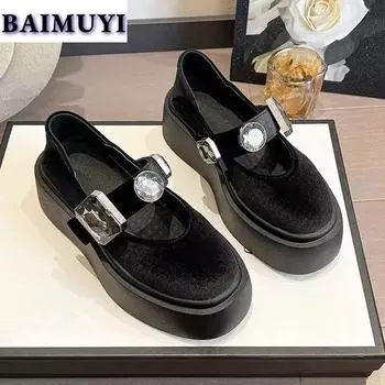 мода Кристалл Платформа Мэри Джейн Туфли Женские Блестящие Средний каблук Плоские замшевые повседневные кроссовки 2024 Тренд Мюли Осень Роскошь Zapatos Mujer 35