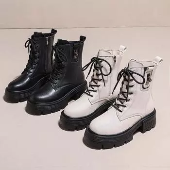 мода Круглый носок Молния Туфли High Street Женские Плоские Каблуки Лолита Сапоги Женские Ботинки Шнуровка Молнии Челси Мотоциклетные Лодыжки 35