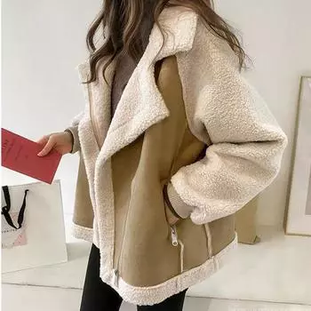 МОДА куртка из оленьей кожи флис женская зимняя короткая маленькая свободная утолщенная меховая интегрированная жареная уличная флисовая одежда локомотив модная Одежда S-80-47.5 kg