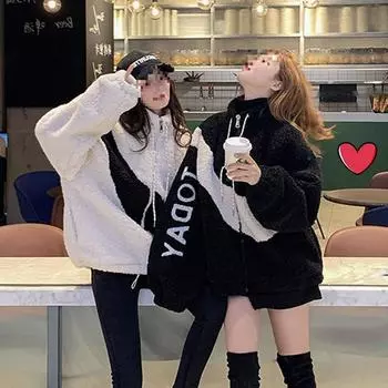 МОДА Куртка из овечьей шерсти женская корейская версия Harajuku BF цвет подходящего свободного студенческого кардигана теплое пальто с начесом из утолщенного хлопка зимняя одежда S чёрный