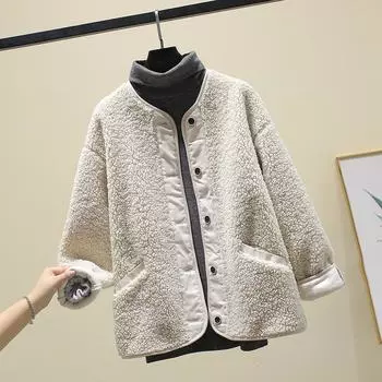 МОДА Куртка из овечьей шерсти женская короткая зимняя 2024 года новая свободная куртка с утолщенным мехом и плюшевым верхом Одежда M чёрный