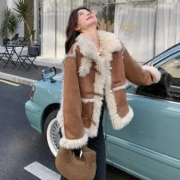 МОДА Куртка из овечьей шерсти женская 2024 зимняя новая дизайнерская свободная меховая интегрированная плюшевая сращиваемая универсальная куртка с хлопковой подкладкой Одежда S