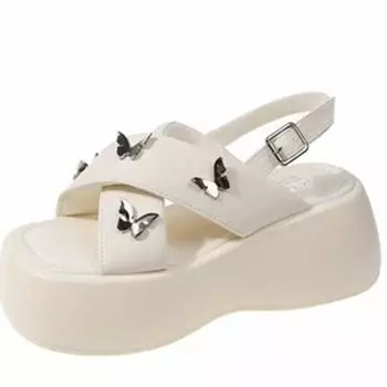 мода квадратная голова трехмерная бабочка универсальные летние новые толстые подошвы повышенный бисквит пляжные римские сандалии и тапочки 34 бежевый