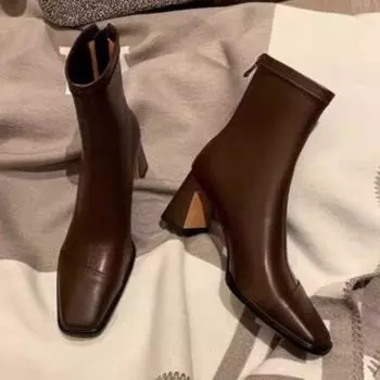 мода квадратный носок женские ботильоны элегантные высокие каблуки кожаные туфли женские зима 2025 тренд вечерние офисные туфли мода толстые ботинки женские 35 бежевый