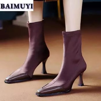 мода квадратный носок женские ботильоны носки высокие каблуки обувь 2025 зима новые сексуальные шпильки зимние ботинки челси туфли на высоком каблуке Mujer Zapatos Botas 35 чёрный