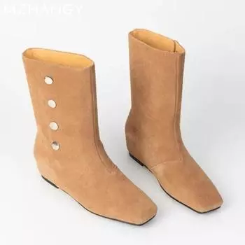 Мода Квадратный носок Женские ботильоны Плоские замшевые туфли Женские 2025 Тенденция Модные зимние ботинки Челси Новые Прогулочные женские мотоциклетные ботинки 34 чёрный