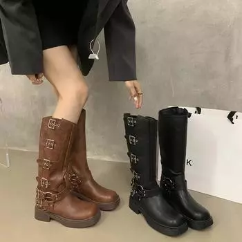 мода квадратный носок женские ковбойские сапоги мода ремень пряжка рыцарь длинные сапоги осень зима женские туфли на низком каблуке 35 коричневый