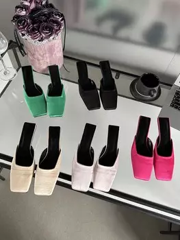 мода квадратный носок женские шлепанцы тапочки летние уличные туфли мюли тонкие низкие каблуки зеленые черные бежевые розовые розовые туфли-лодочки с короткими каблуками 39 5.5 бежевый