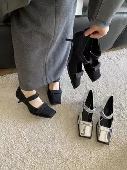 мода квадратный носок женские туфли-лодочки серебристо-черные модные туфли на тонком среднем каблуке с перекрестной повязкой сексуальные туфли для офиса элегантные туфли для женщин 5.5
