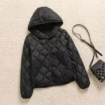 МОДА Легкая куртка-пуховик с капюшоном и ромбом, женская короткая, 2024, новая легкая куртка большого размера, внешняя одежда, свободная куртка, одежда M чёрный