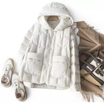 МОДА Легкая тонкая белая утиная пуховая женская короткая куртка новая корейская версия с капюшоном тонкая прессованная резиновая куртка модная S темно-коричневого