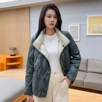 МОДА Легкий и тонкий пух с обеих сторон, женский воротник-стойка, короткий, 2024, новый свободный и тонкий белый утиный пух, отжатый Одежда M чёрный