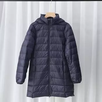 МОДА Легкий и тонкий пуховик женский средней и длинной длины со съемным капюшоном приталенный крой женская куртка больших размеров Одежда M тёмно-синий