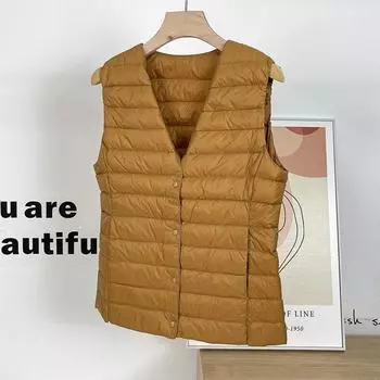 МОДА Легкий и тонкий жилет из утиного пуха 2024 года и новинка зимы 90-х годов, жилет из белого утиного пуха с круглым вырезом, подкладка с V-образным вырезом, жилет Одежда S чистый белый
