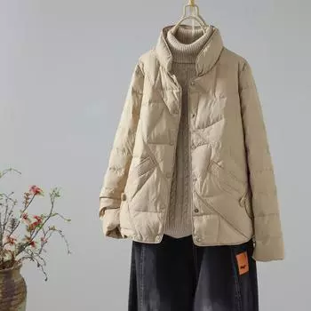 МОДА легкий пуховик с воротником-стойкой, женский, короткий, новый, белый, утиный пух, свободный, одежда для мам среднего возраста, легкая иностранная куртка S светло-серый