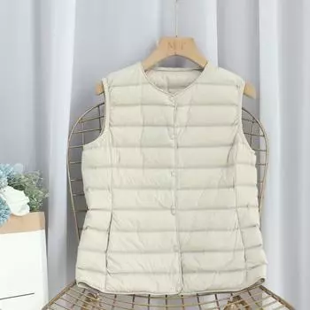 МОДА Легкий пуховый жилет на прессованном клее для женщин 2024 года и новый зимний жилет из белого утиного пуха с регулируемой подкладкой с V-образным вырезом внутри Одежда M чёрный