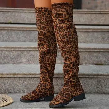 мода Леопардовые высокие сапоги женские туфли на каблуках замшевые зимние массивные туфли зима 2024 тренд готика выше колена мода челси Botas Mujer 36 светло-коричневого