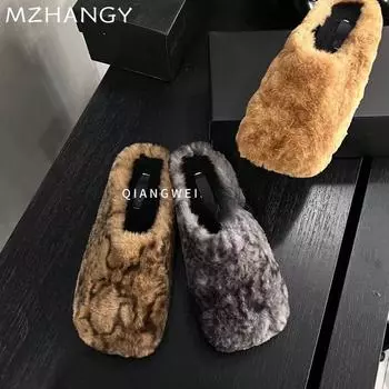 мода леопардовый мех тапочки балетки модные зимние сапоги повседневные мюли хлопковая обувь женская 2025 тренд зимние теплые шлепанцы новинка Mujer Zapatos 35